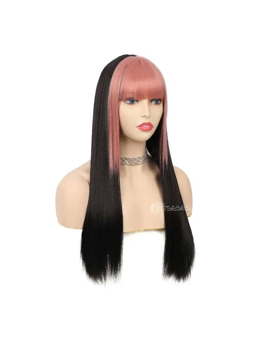 Women's Pink Black Long Curly Wig With Wavy Synthetic Cosplay Halloween Wig